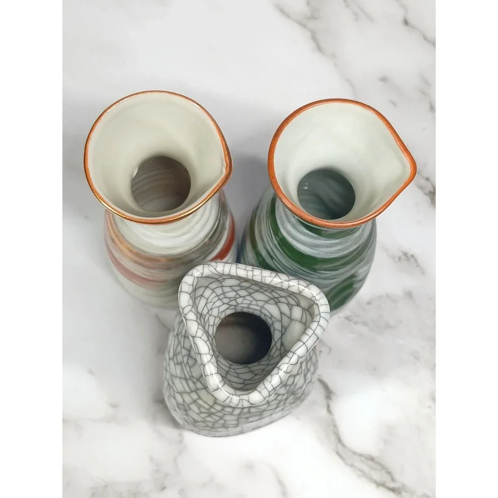 Vintage Japanese Porcelain Sake Bottle Set – Hand-Glazed Crackle & Brush Finish